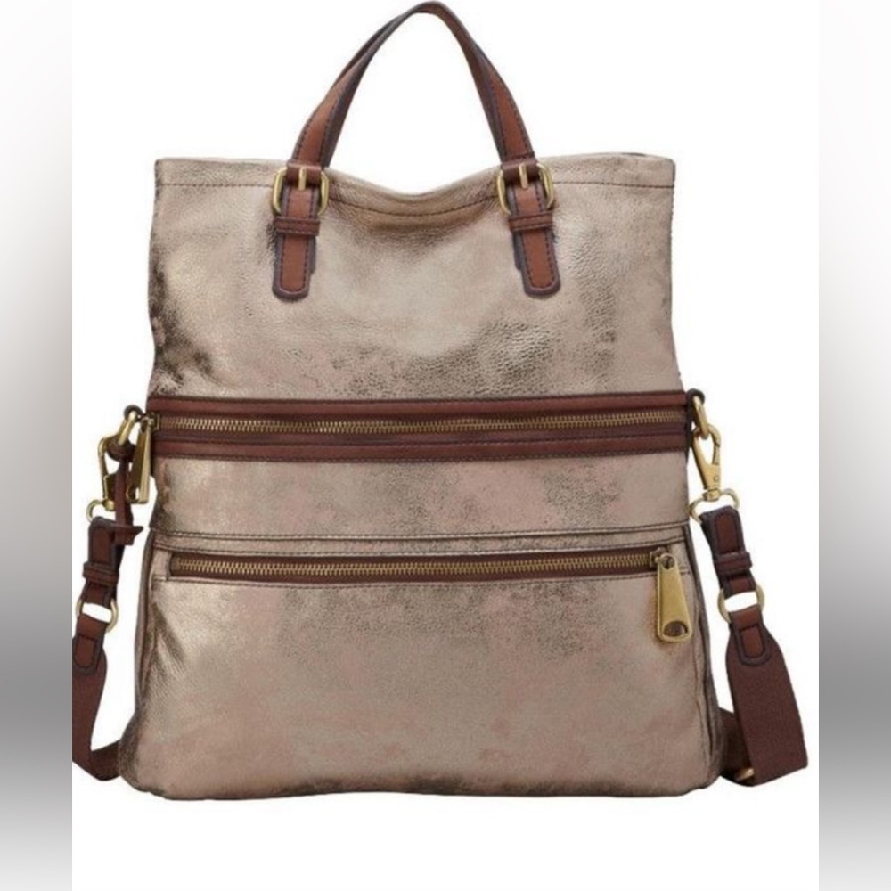 New! Fossil Bronze Metallic BRONZE EXPLORER Flap Tote